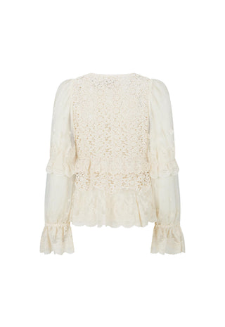 An off-white lace long-sleeve blouse with ruffled details and a scalloped hem, shown against a plain white background.