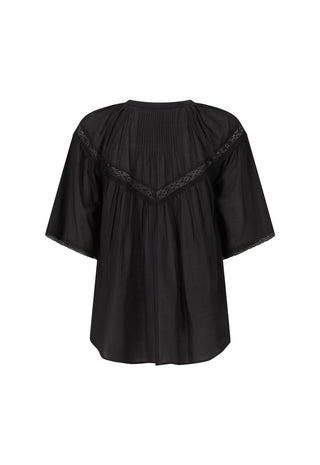 A black short-sleeve blouse with a pleated bodice and delicate lace trim along the shoulders, shown against a plain white background.